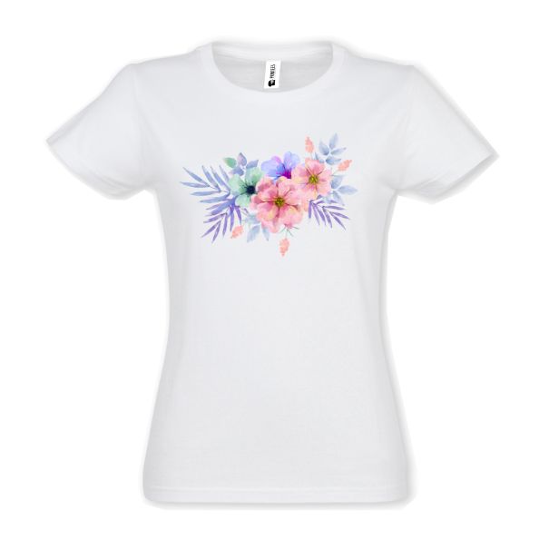 Tricou damă - Flori efect de acuarelă - Alb
