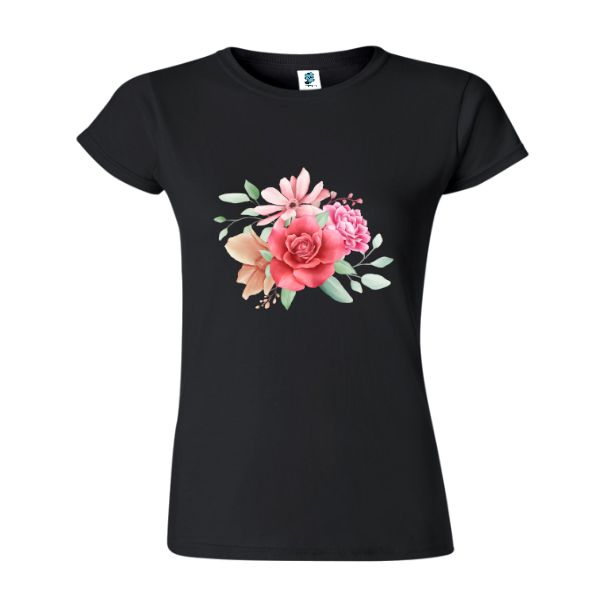 Tricou damă - Buchet cu trandafir - Negru