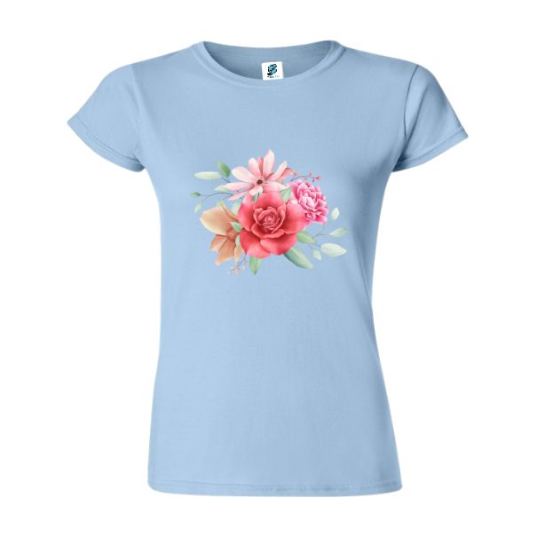 Tricou damă - Buchet cu trandafir - Albastru deschis