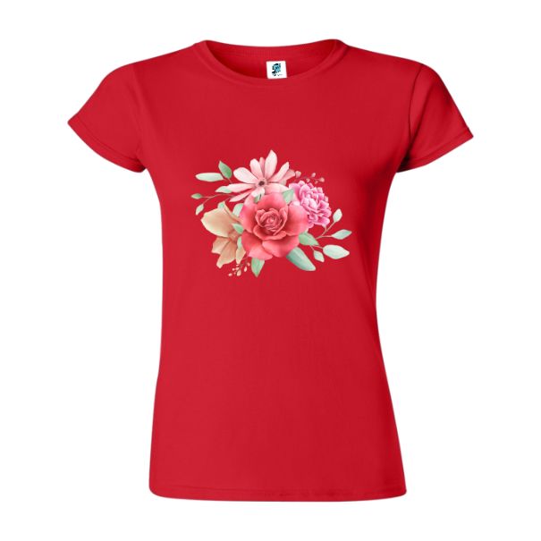 Tricou damă - Buchet cu trandafir - Roșu