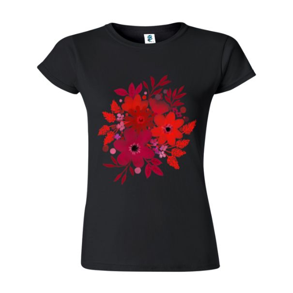 Tricou damă - Flori Roșii - Negru