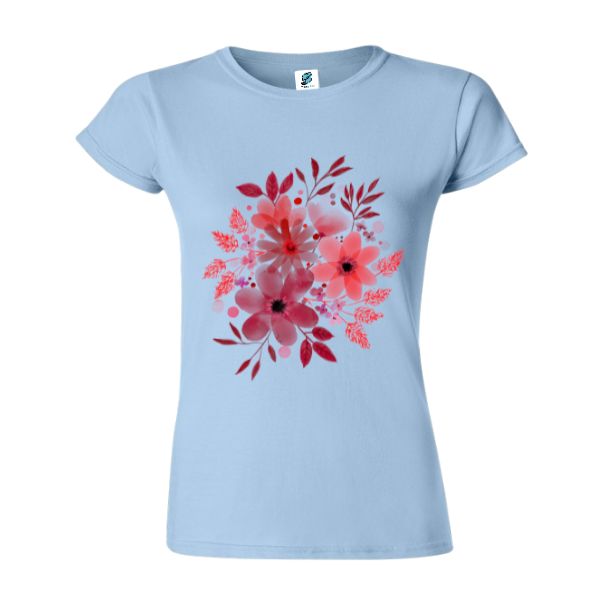 Tricou damă - Flori Roșii - Albastru deschis