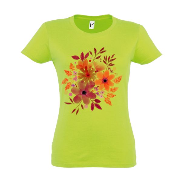 Tricou damă - Flori Roșii - Verde frunză