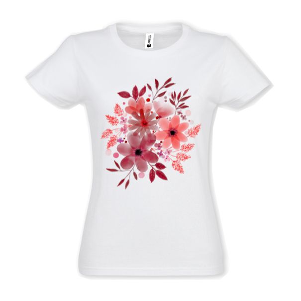 Tricou damă - Flori Roșii - Alb