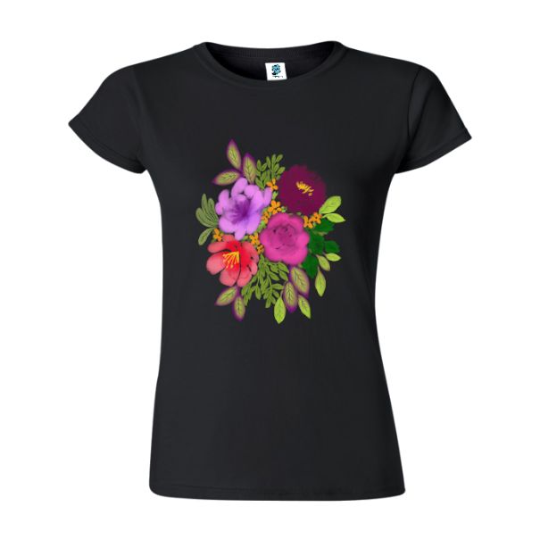 Tricou damă - Flori în acuarelă - Negru