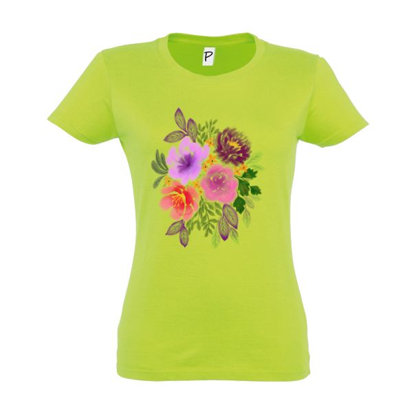 Tricou damă - Flori în acuarelă - Verde frunză