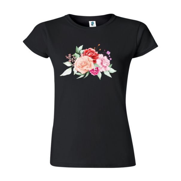 Tricou damă - Acuarelă cu trandafiri - Negru