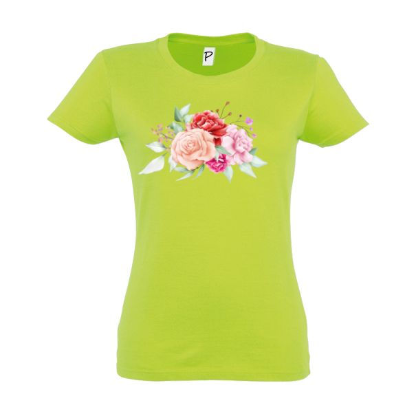 Tricou damă - Acuarelă cu trandafiri - Verde frunză