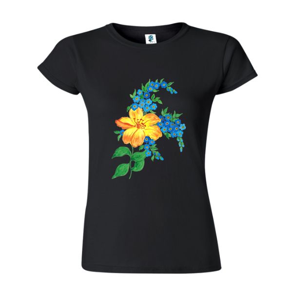 Tricou damă - Floare galbenă - Negru