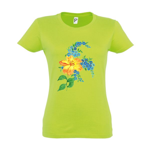 Tricou damă - Floare galbenă - Verde frunză