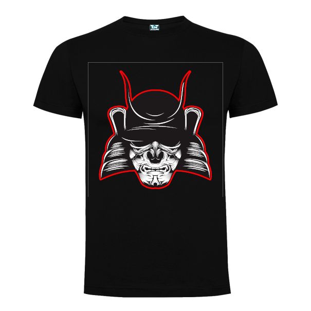 Tricou regular din bumbac pentru bărbați imprimat cu imaginea stilizată a unui războinic samurai cu armura neagră. Tricou bărbați - Samurai cu armura neagră