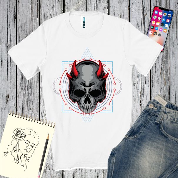 Tricou regular din bumbac pentru bărbați imprimat cu imaginea stilizată a unui craniu de demon cu coarne roșii. Tricou bărbați - Craniu de demon