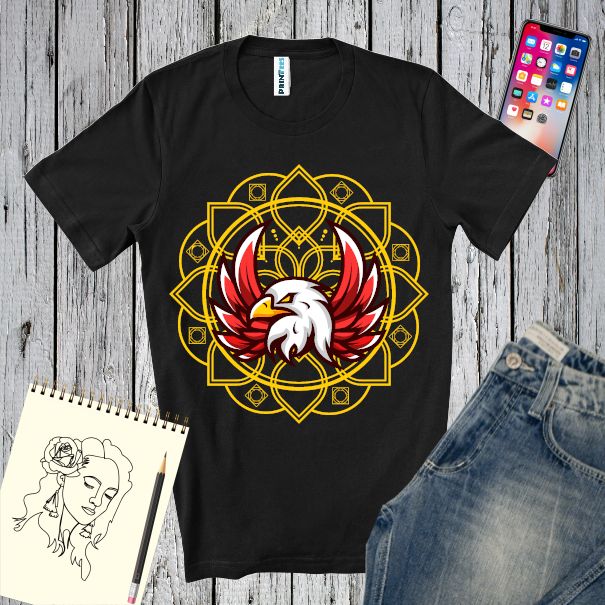 Tricou din bumbac pentru bărbați - Red Wings Eagle - imprimat cu imaginea unui vultur alături de simboluri străvechi Tricou bărbați - Red Wings Eagle
