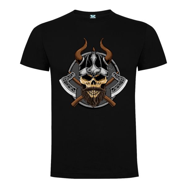 Tricou din bumbac pentru bărbați imprimat cu imaginea unui craniu de războinic viking alături de două topoare. Tricou bărbați - Viking cu topoare