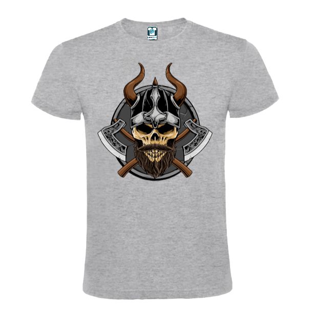 Tricou din bumbac pentru bărbați imprimat cu imaginea unui craniu de războinic viking alături de două topoare. Tricou bărbați - Viking cu topoare