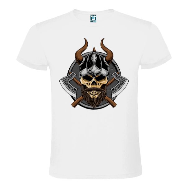 Tricou din bumbac pentru bărbați imprimat cu imaginea unui craniu de războinic viking alături de două topoare. Tricou bărbați - Viking cu topoare