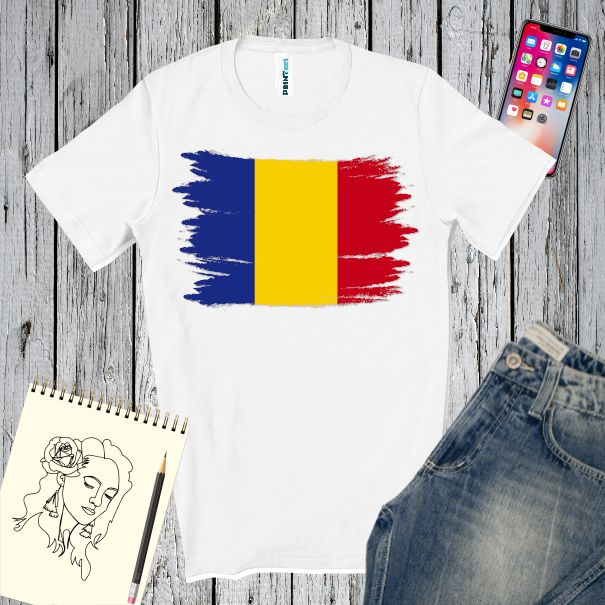 Tricou regular din bumbac pentru bărbați imprimat cu un drapel românesc cu efect de pensulă Tricou bărbați - Drapel românesc
