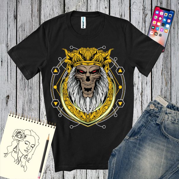 Regele apocaliptic venit din lumea de dincolo însoțit de simboluri geometrice satanice este tema noastră pentru acest tricou de bărbați. Tricou bărbați - Regele apocaliptic