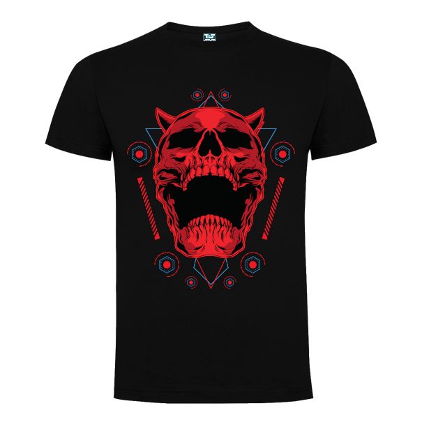 Tricou bărbați imprimat cu portretul unui demon roșu alături de simboluri geometrice Tricou bărbați - Demon cu simboluri geometrice
