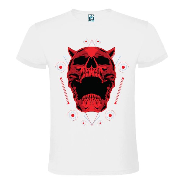 Tricou bărbați imprimat cu portretul unui demon roșu alături de simboluri geometrice Tricou bărbați - Demon cu simboluri geometrice