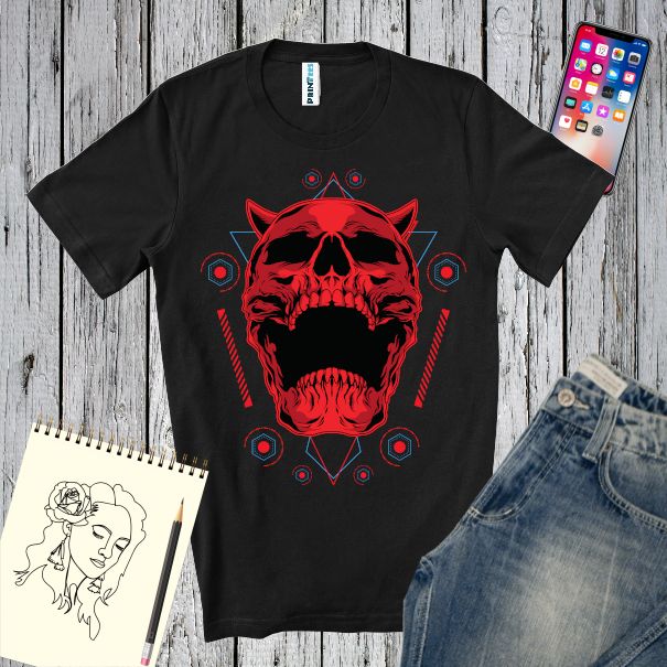 Tricou bărbați imprimat cu portretul unui demon roșu alături de simboluri geometrice Tricou bărbați - Demon cu simboluri geometrice
