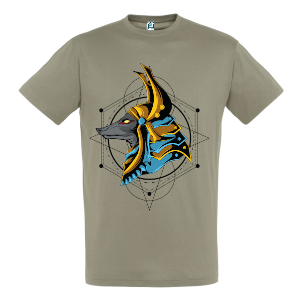 Tricou regular din bumbac pentru bărbați imprimat cu grafică reprezentându-l pe zeul egiptean Anubis însoțit de simboluri geometrice sacre Tricou bărbați - Anubis