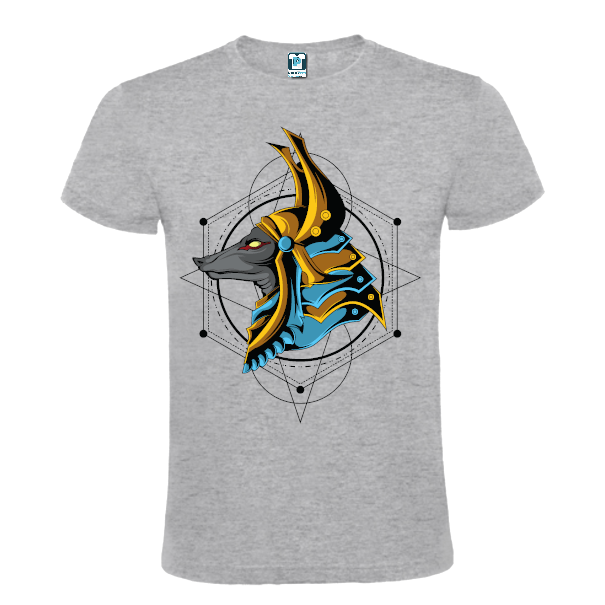 Tricou regular din bumbac pentru bărbați imprimat cu grafică reprezentându-l pe zeul egiptean Anubis însoțit de simboluri geometrice sacre Tricou bărbați - Anubis