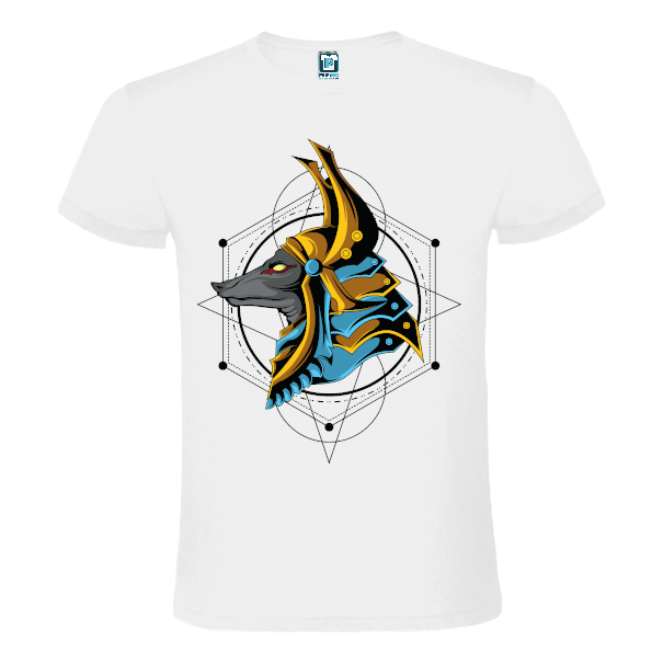 Tricou regular din bumbac pentru bărbați imprimat cu grafică reprezentându-l pe zeul egiptean Anubis însoțit de simboluri geometrice sacre Tricou bărbați - Anubis