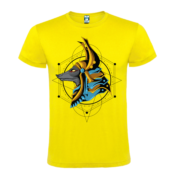 Tricou regular din bumbac pentru bărbați imprimat cu grafică reprezentându-l pe zeul egiptean Anubis însoțit de simboluri geometrice sacre Tricou bărbați - Anubis