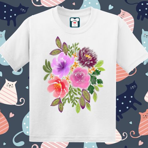 Tricou din bumbac pentru copii imprimat cu grafică reprezentând un buchet de flori pictate în acuarelă Tricou copii - Flori în acuarelă