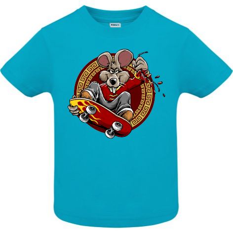 Tricou din bumbac pentru copii imprimat cu grafică reprezentând un șobolan pe skateboard pe care l-am numit Rat Skateboarder Tricou copii - Rat Skateboarder