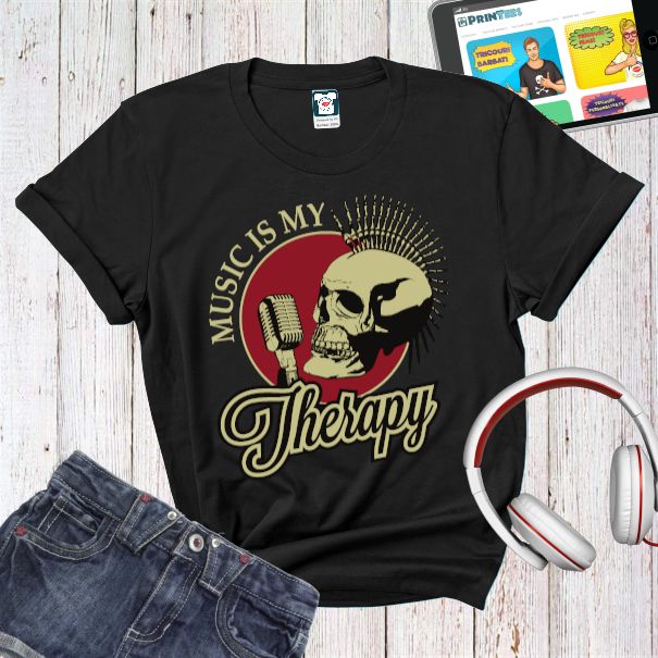 Tricou de damă imprimat cu grafică de inspirație Punk și mesajul „Music is my Therapy Tricou damă - Music Therapy
