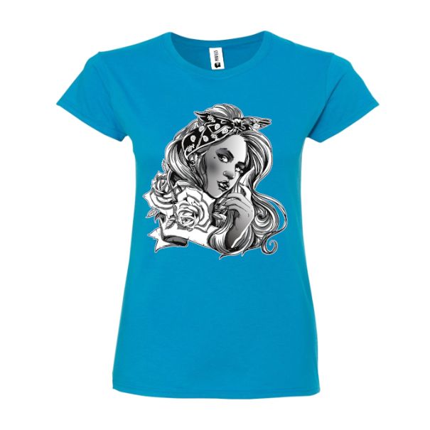 Tricou de damă din bumbac imprimat cu un frumos portret de fată în tonuri de gri. Tricou damă - Portret în tonuri de gri