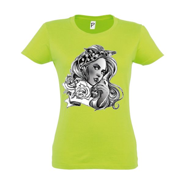 Tricou de damă din bumbac imprimat cu un frumos portret de fată în tonuri de gri. Tricou damă - Portret în tonuri de gri