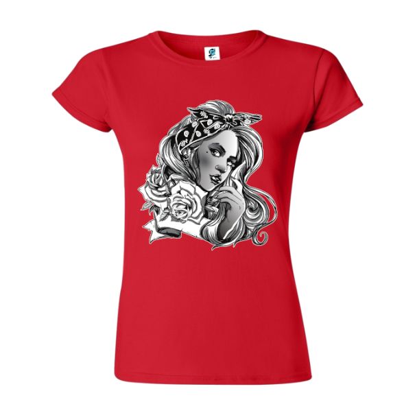 Tricou de damă din bumbac imprimat cu un frumos portret de fată în tonuri de gri. Tricou damă - Portret în tonuri de gri