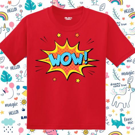 Tricou copii - Comic Wow!, 100% bumbac diverse culori, imprimat digital cu o exclamație desprinsă din benzile desenate. Tricou copii - Comic Wow!