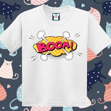 Tricou copii - Comic Boom!, 100% bumbac diverse culori, imprimat digital cu o exclamație desprinsă din benzile desenate. Tricou copii - Comic Boom!