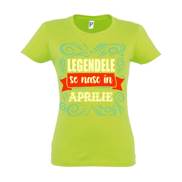 Tricou de damă din bumbac imprimat cu mesajul: Legendele se nasc în aprilie poate fi un cadou excelent pentru cineva născut în această lună. Tricou damă - Legendele din aprilie