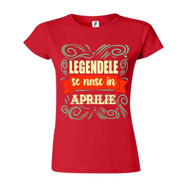 Tricou de damă din bumbac imprimat cu mesajul: Legendele se nasc în aprilie poate fi un cadou excelent pentru cineva născut în această lună. Tricou damă - Legendele din aprilie