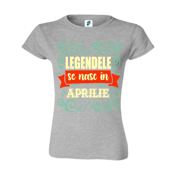 Tricou de damă din bumbac imprimat cu mesajul: Legendele se nasc în aprilie poate fi un cadou excelent pentru cineva născut în această lună. Tricou damă - Legendele din aprilie