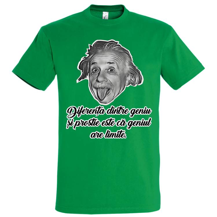 Tricou din bumbac pentru bărbat imprimat cu un citat de Albert Einstein: Diferența dintre geniu și prostie este că geniul are limite. Tricou bărbat - Einstein - Prostie