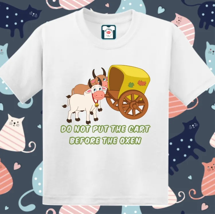 Tricou copii - Cart Before Oxen pentru că proverbele românești sună funny și în engleză, chiar dacă englezii nu înțeleg sensul. Tricou copii - Cart Before Oxen