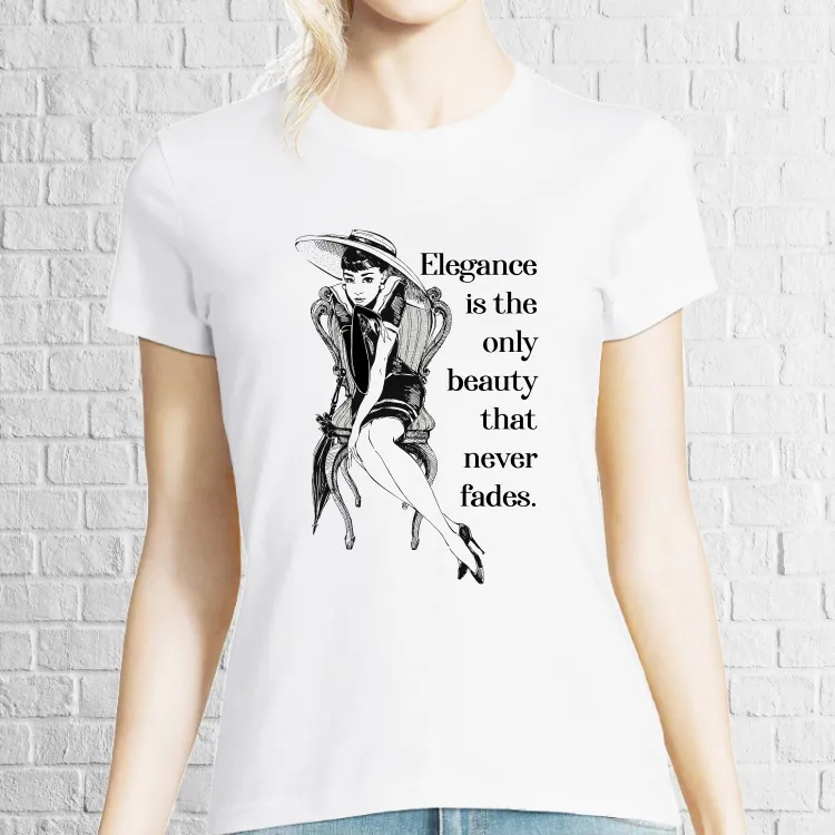 Tricou de damă imprimat cu un citat din Audrey Hepburn: Elegance is the only beauty that never fades. Tricou damă - Elegance