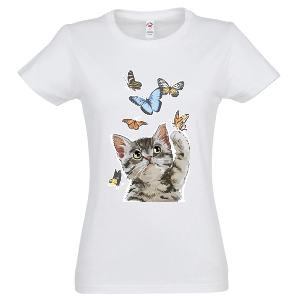 Tricou damă - Pisică cu fluturi Tricou damă - Pisică cu fluturi