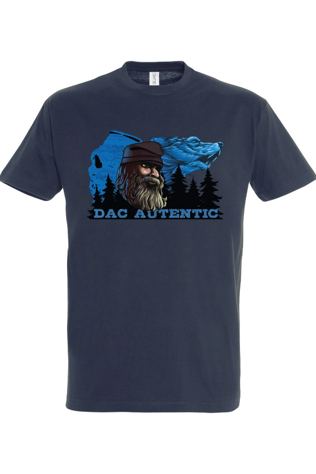 Tricou de barbati cu imprimeu profil Sfinxul din Bucegi și lup cu mesajul Dac Autentic Tricou bărbat - Dac Autentic