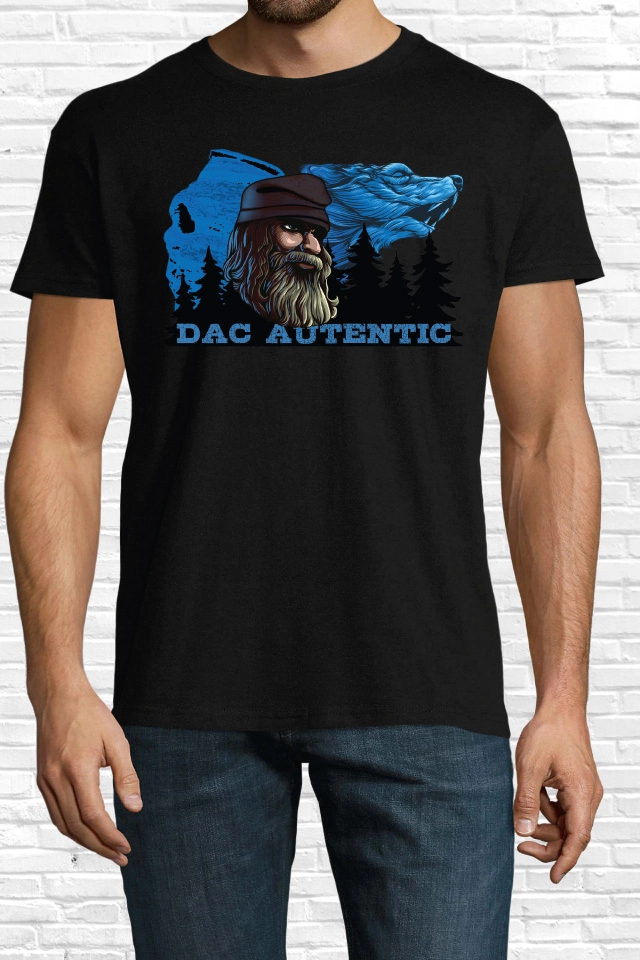 Tricou de barbati cu imprimeu profil Sfinxul din Bucegi și lup cu mesajul Dac Autentic Tricou bărbat - Dac Autentic